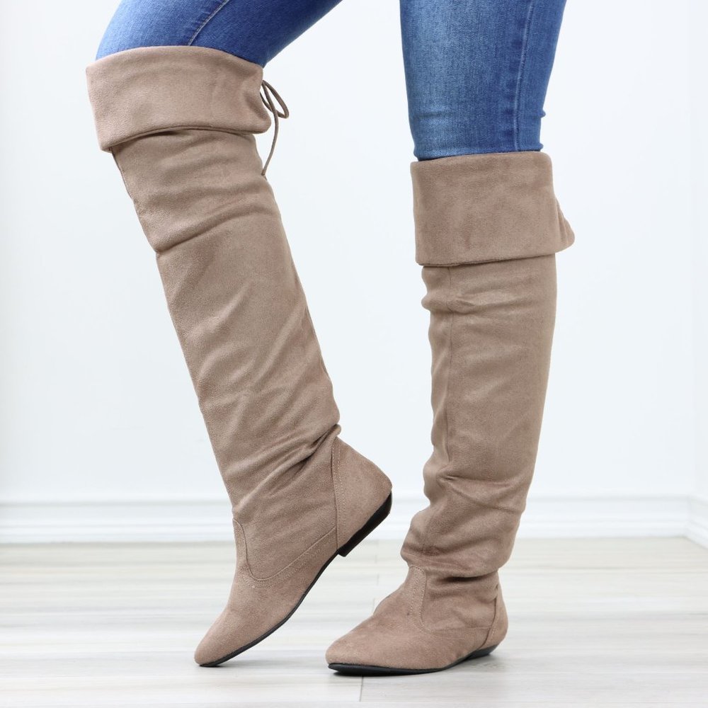 Fold Over Taupe Thigh High Over The Knee Flat No Heel Boots Faux Suede Pointed - Picture 13 of 14